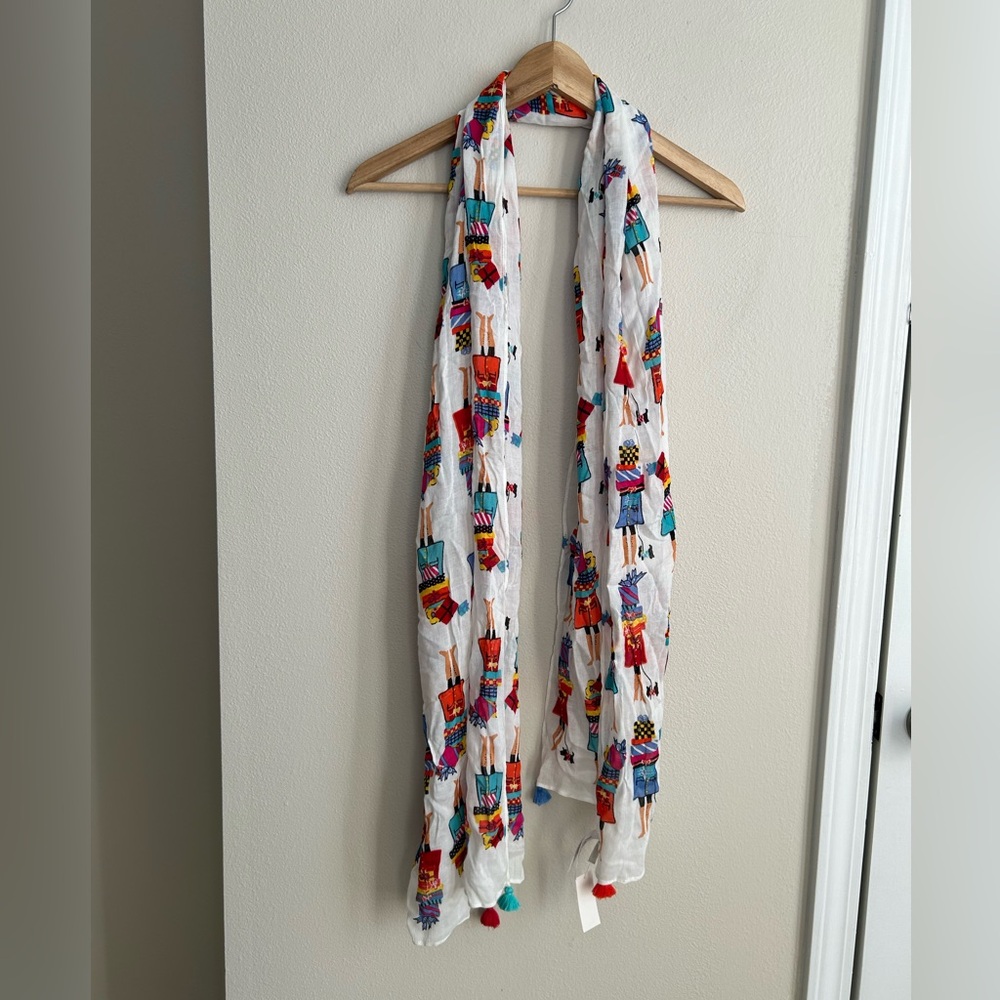 NWT Vintage Talbots Scarf Whimsical Shoppers Print With Tassels 100% Viscose - Picture 3 of 8